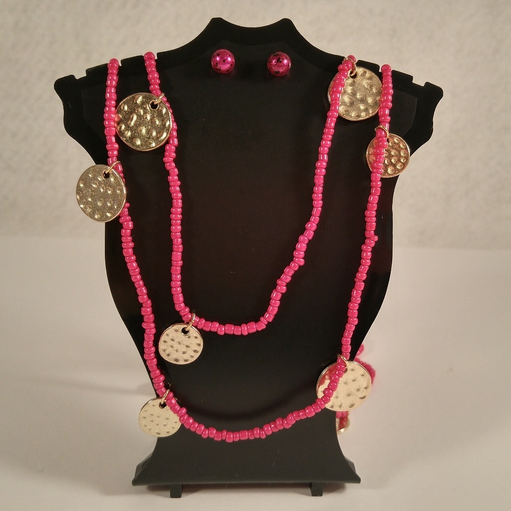 Necklace earring set pink seedbead gold coin long